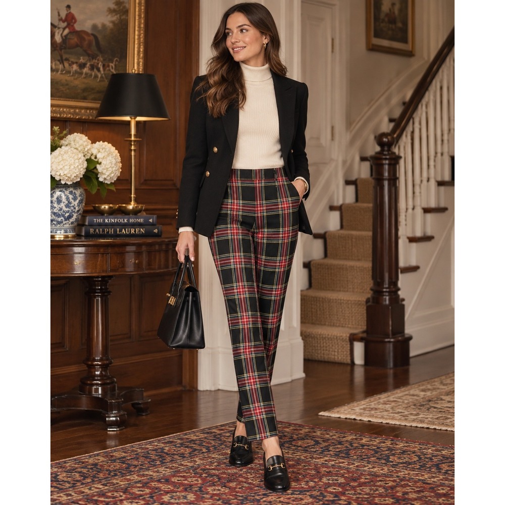 J.Crew Ruby Full-Length Pants 10 Black Red Green Stewart Plaid Straight Leg Pant